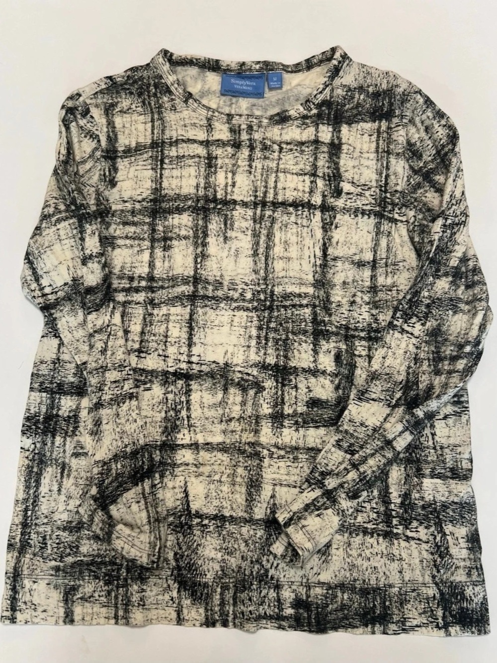 Simply Vera Wang Plaid Long Sleeve Top in White & Black Size Medium